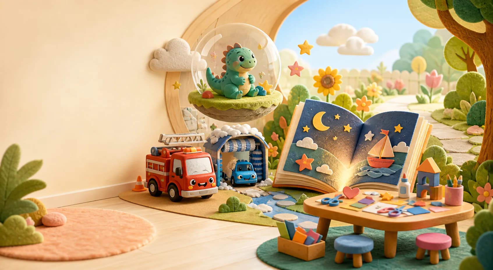 A miniature playroom world with a dinosaur bubble, fire truck, storybook, and craft table